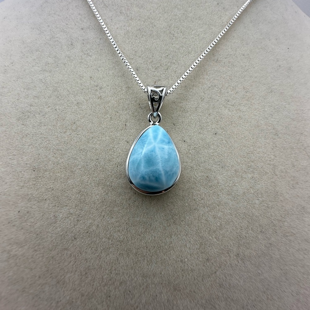 Larimar and Sterling Silver Teardrop Pendant Necklace on Sterling Silver Chain - Picture 6 of 11